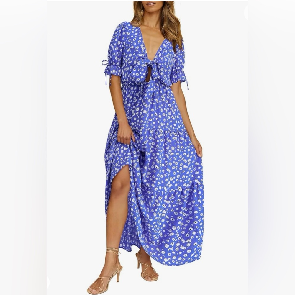 Summer Boho Dress Tie Front Deep V Neck Cutout Short Sleeve Floral Maxi Dresses